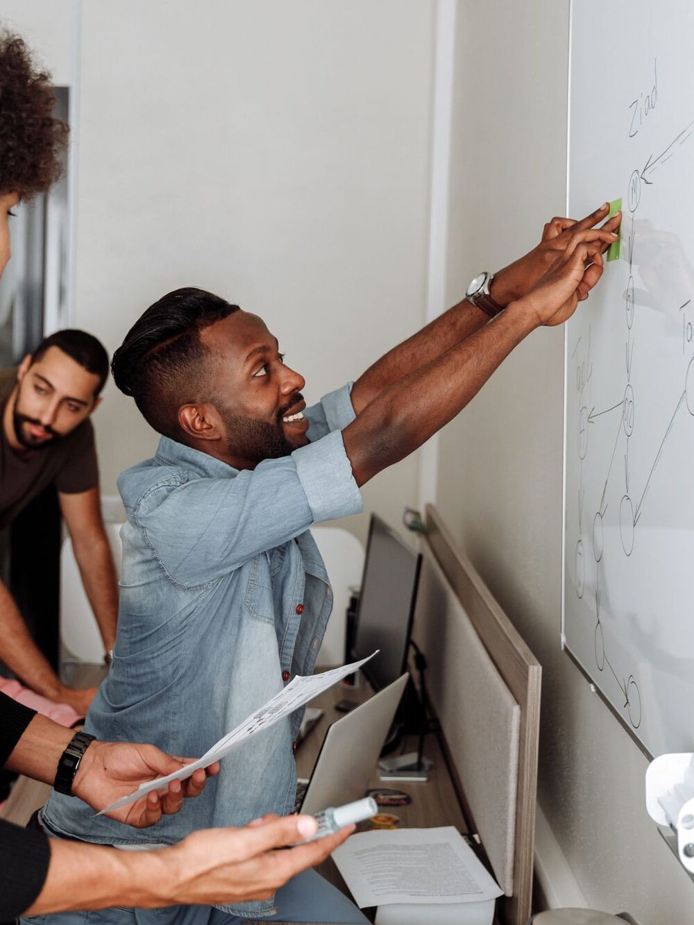 Equipe desenhando um diagrama de nós em um quadro branco.